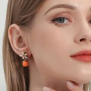 Orange Drop Dangle Earrings Gold Tone Floral Stud NWT